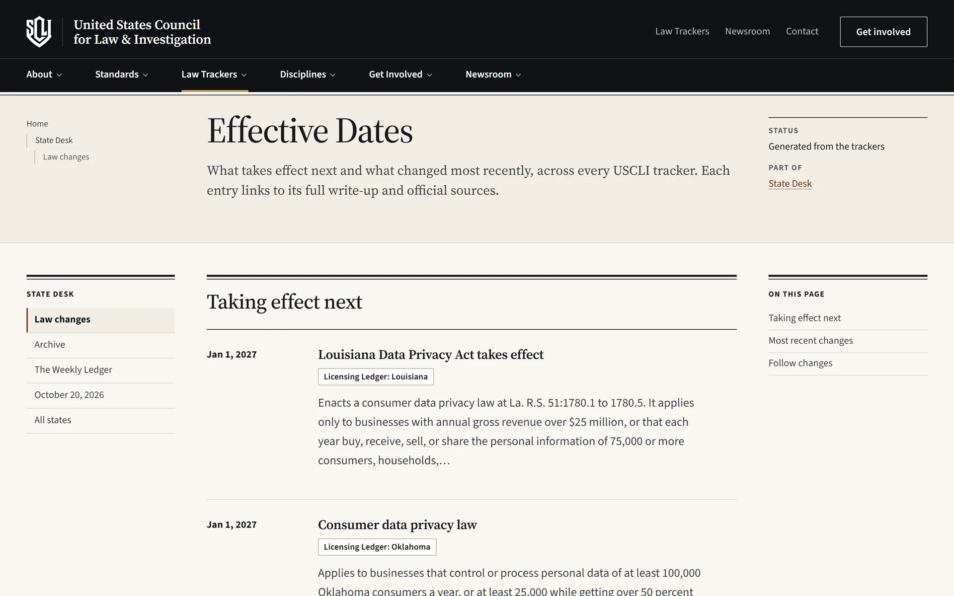 The USCLI Effective Dates page listing upcoming law changes by date, each tagged with the ledger and state it belongs to.