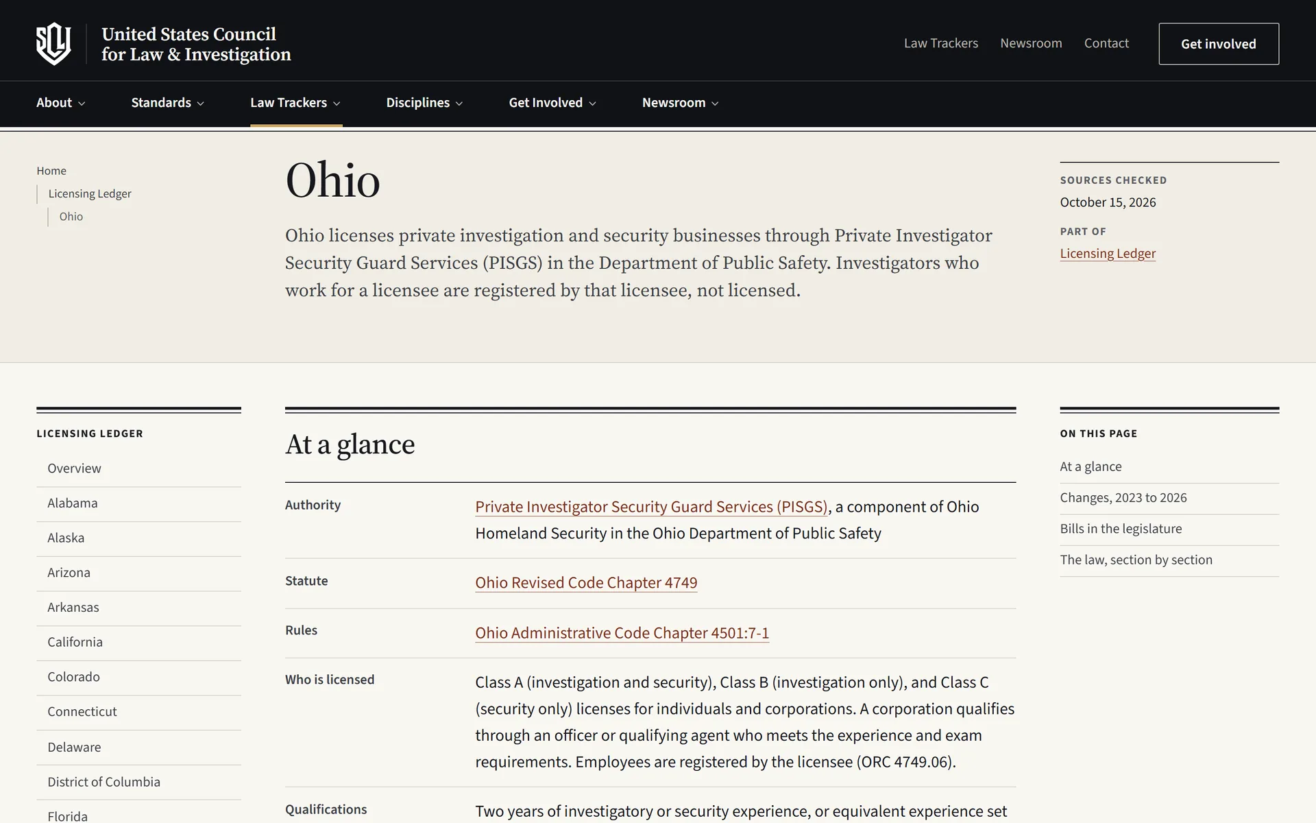The Ohio page of the USCLI Licensing Ledger: the date its sources were last checked, the licensing authority, and links to the Ohio Revised Code and Administrative Code chapters it cites.